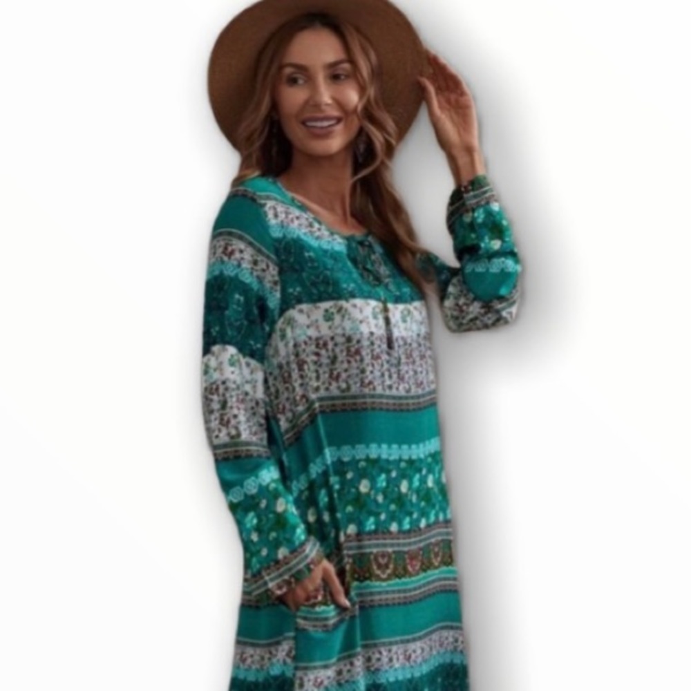 #235 Modest Tribal Floral Long Sleeve Dress - Picture 14 of 17